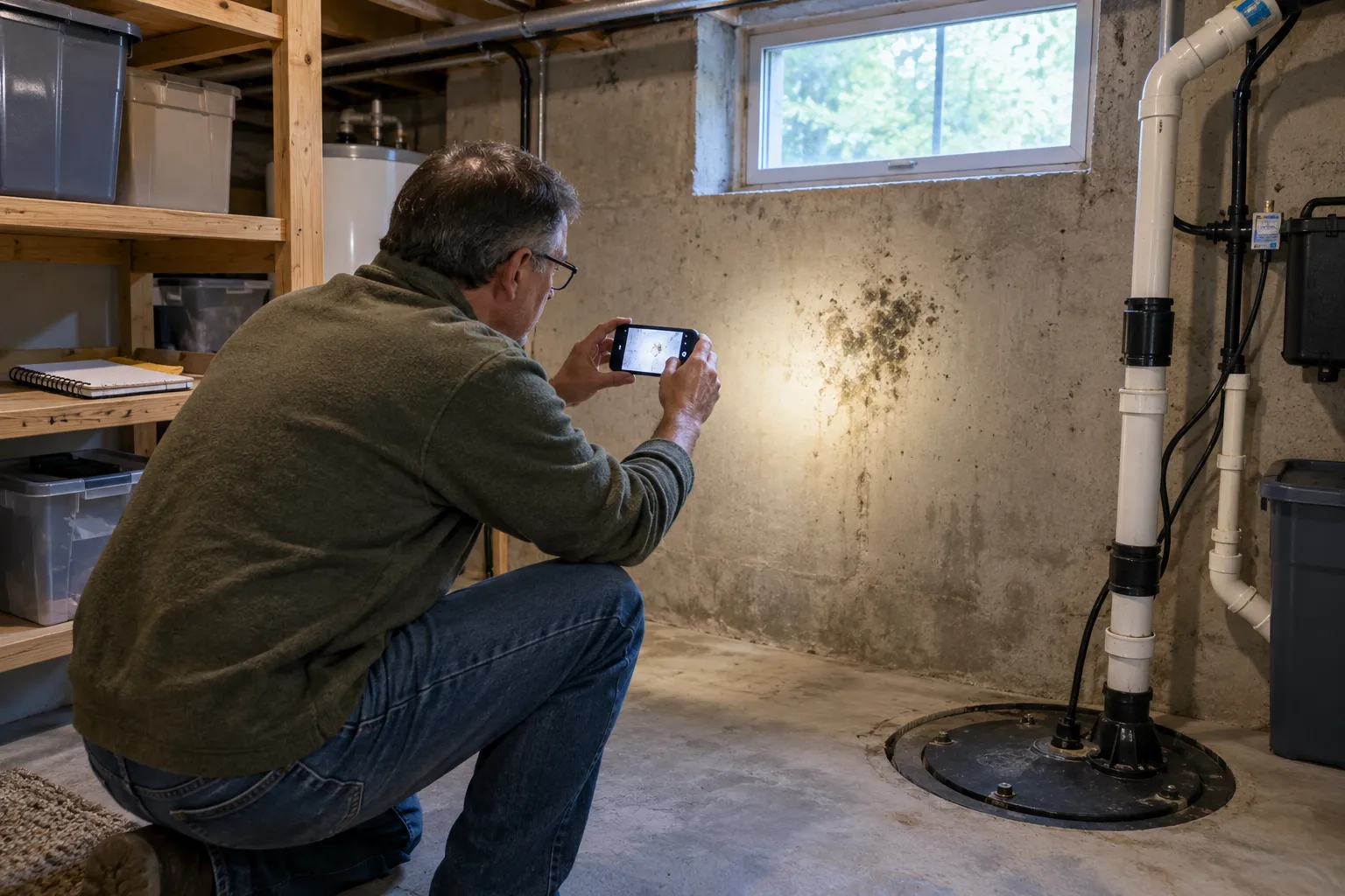 Homeowner in the Dayton area photographing a dark mold patch on a basement wall with a phone and flashlight