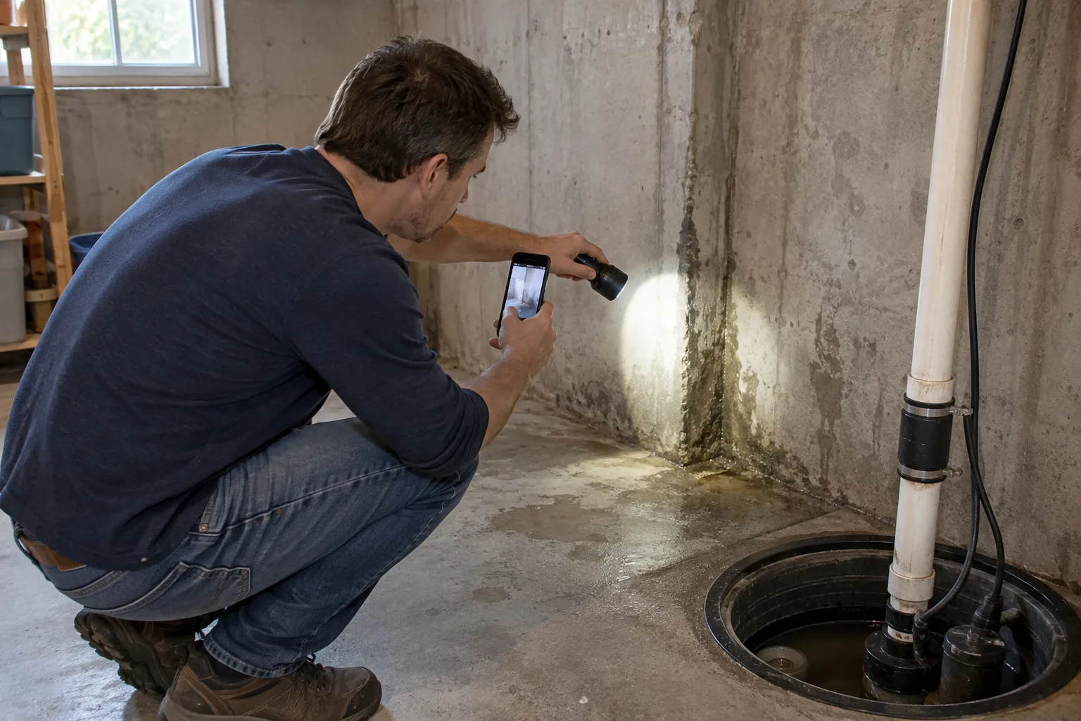 Homeowner checking a basement wall for mold with a flashlight in Dayton